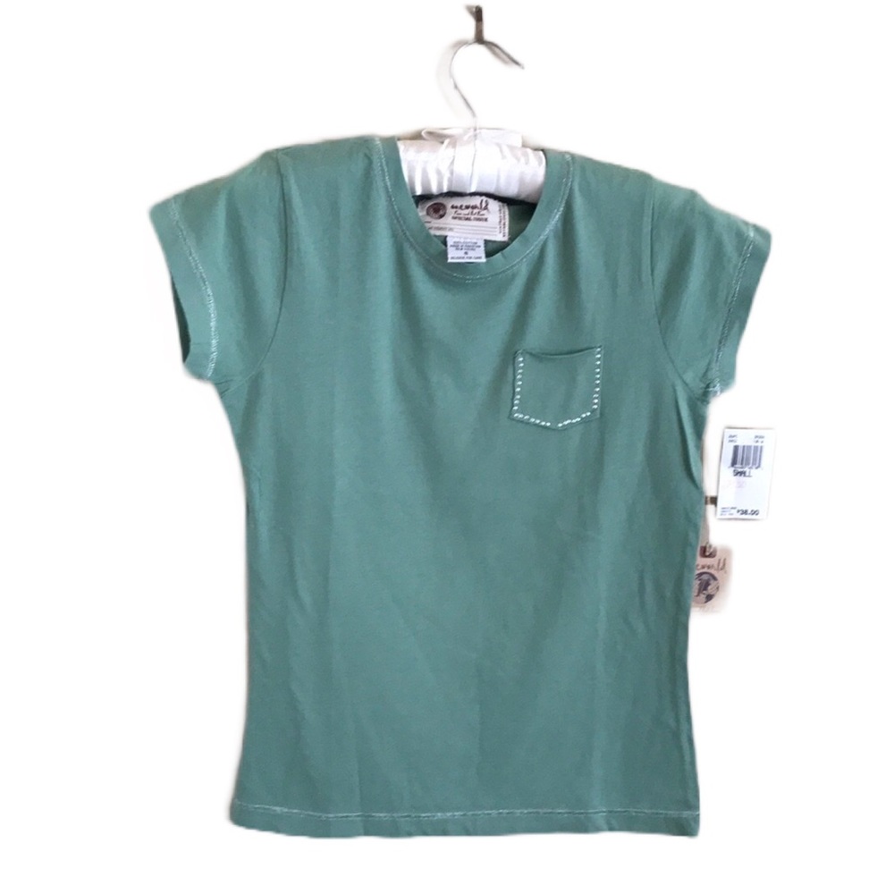 One World Live and Let Live Green Tee with Blinged Front Pocket and Art on Back